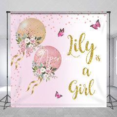 Aperturee - Aperturee Pink and Gold Glitter Balloons Floral Custom Backdrop Personalized Baby Girl Shower Party Decor.