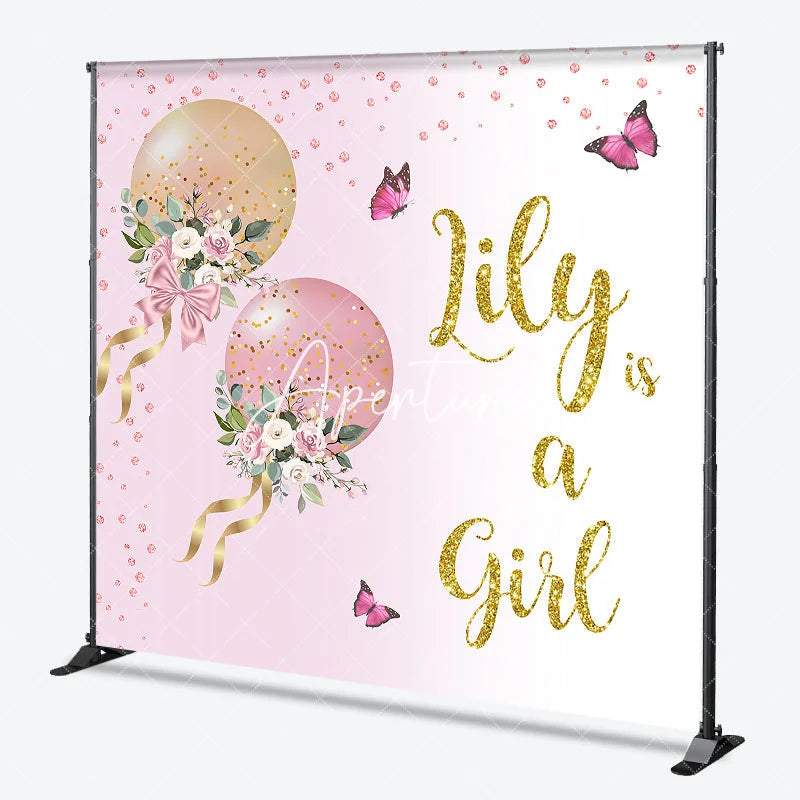 Aperturee - Aperturee Pink and Gold Glitter Balloons Floral Custom Backdrop Personalized Baby Girl Shower Party Decor.