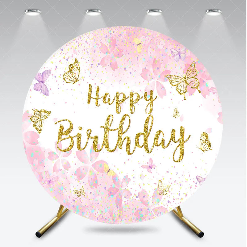 Aperturee - Aperturee Pink and Gold Glitter Happy Birthday Round Backdrop with Cherry Blossoms and Butterflies Elegant Party Decor