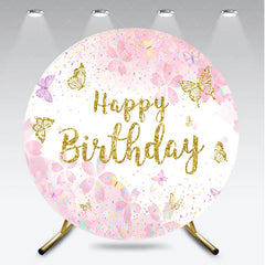 Aperturee - Aperturee Pink and Gold Glitter Happy Birthday Round Backdrop with Cherry Blossoms and Butterflies Elegant Party Decor