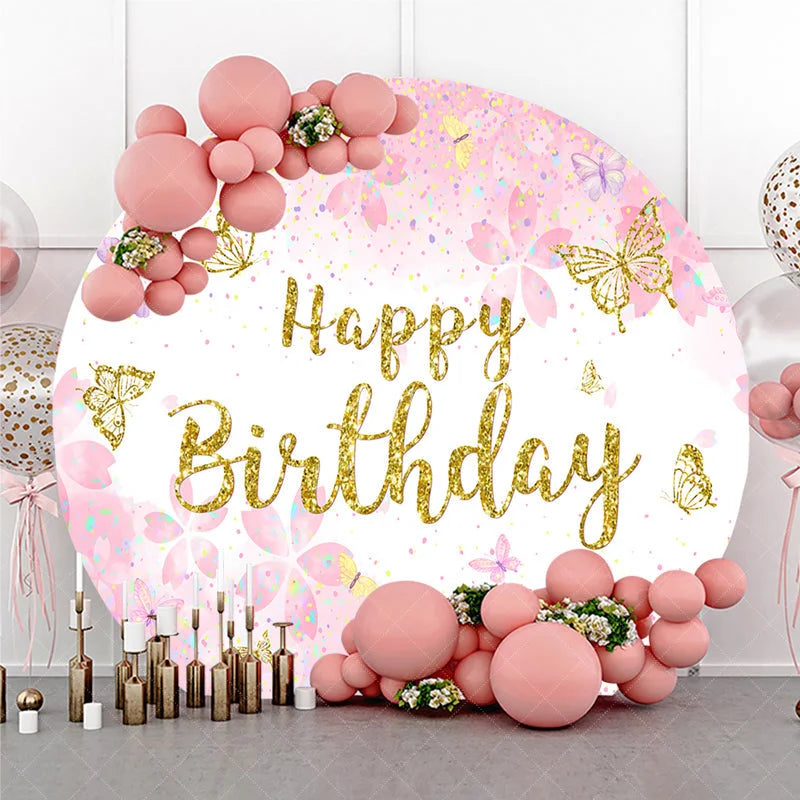Aperturee - Aperturee Pink and Gold Glitter Happy Birthday Round Backdrop with Cherry Blossoms and Butterflies Elegant Party Decor