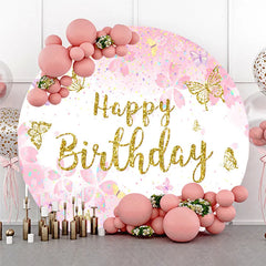 Aperturee - Aperturee Pink and Gold Glitter Happy Birthday Round Backdrop with Cherry Blossoms and Butterflies Elegant Party Decor