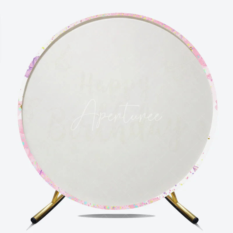 Aperturee - Aperturee Pink and Gold Glitter Happy Birthday Round Backdrop with Cherry Blossoms and Butterflies Elegant Party Decor