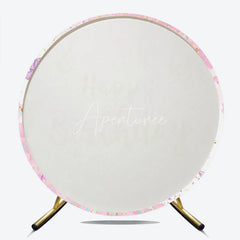 Aperturee - Aperturee Pink and Gold Glitter Happy Birthday Round Backdrop with Cherry Blossoms and Butterflies Elegant Party Decor