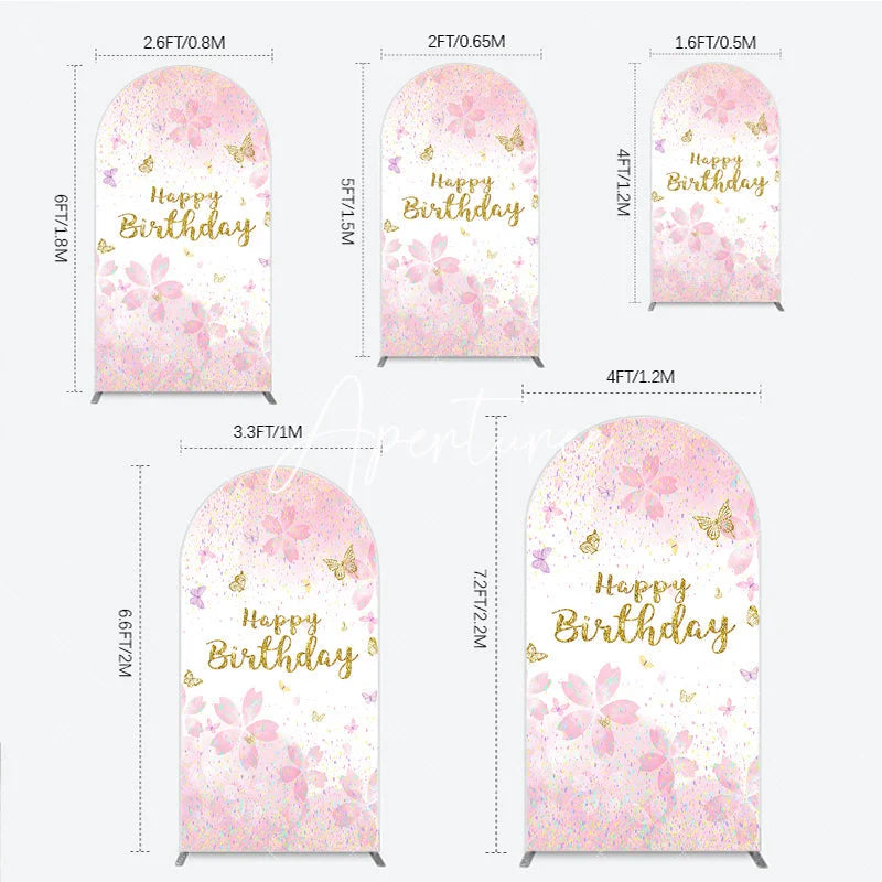 Aperturee - Aperturee Pink and Gold Glitter Happy Birthday Round Top Arch Backdrop with Cherry Blossoms and Butterflies Elegant Party Decor