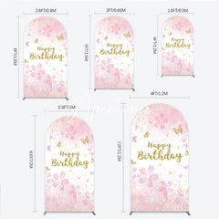 Aperturee - Aperturee Pink and Gold Glitter Happy Birthday Round Top Arch Backdrop with Cherry Blossoms and Butterflies Elegant Party Decor