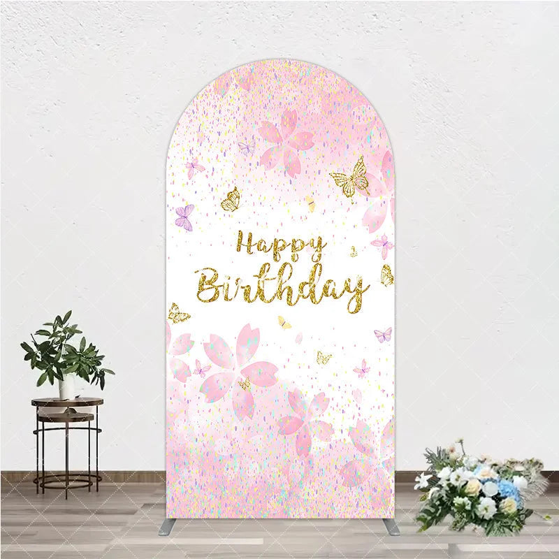 Aperturee - Aperturee Pink and Gold Glitter Happy Birthday Round Top Arch Backdrop with Cherry Blossoms and Butterflies Elegant Party Decor