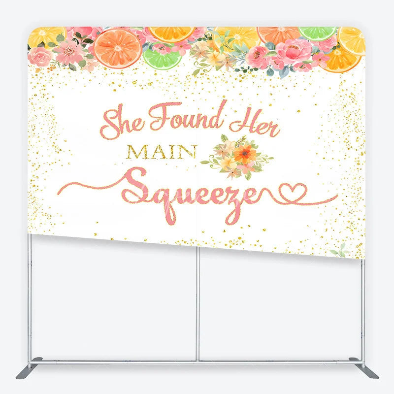 Aperturee - Aperturee Pink and Gold Glitter She Found Her Main Squeezer Square Double-Sided Backdrop Citrus Floral Bridal Shower Decor