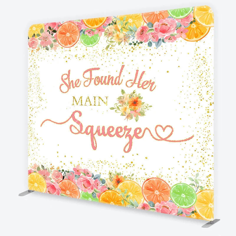Aperturee - Aperturee Pink and Gold Glitter She Found Her Main Squeezer Square Double-Sided Backdrop Citrus Floral Bridal Shower Decor