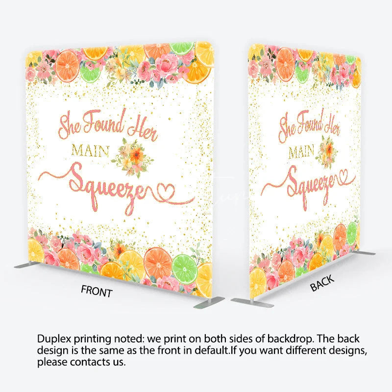 Aperturee - Aperturee Pink and Gold Glitter She Found Her Main Squeezer Square Double-Sided Backdrop Citrus Floral Bridal Shower Decor