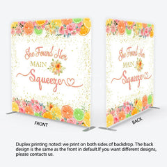 Aperturee - Aperturee Pink and Gold Glitter She Found Her Main Squeezer Square Double-Sided Backdrop Citrus Floral Bridal Shower Decor