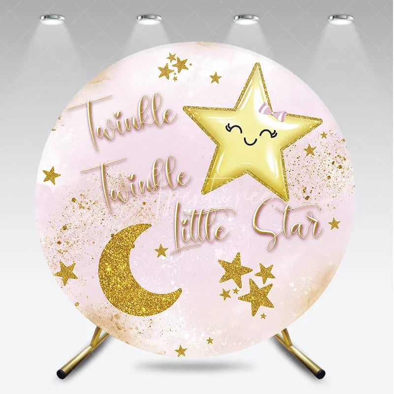 Aperturee - Aperturee Pink and Gold Glitter Twinkle Twinkle Little Star Round Backdrop Dreamy Baby Shower Birthday Party Decor