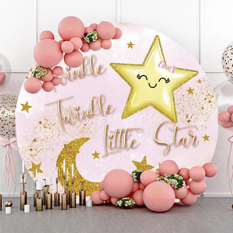 Aperturee - Aperturee Pink and Gold Glitter Twinkle Twinkle Little Star Round Backdrop Dreamy Baby Shower Birthday Party Decor