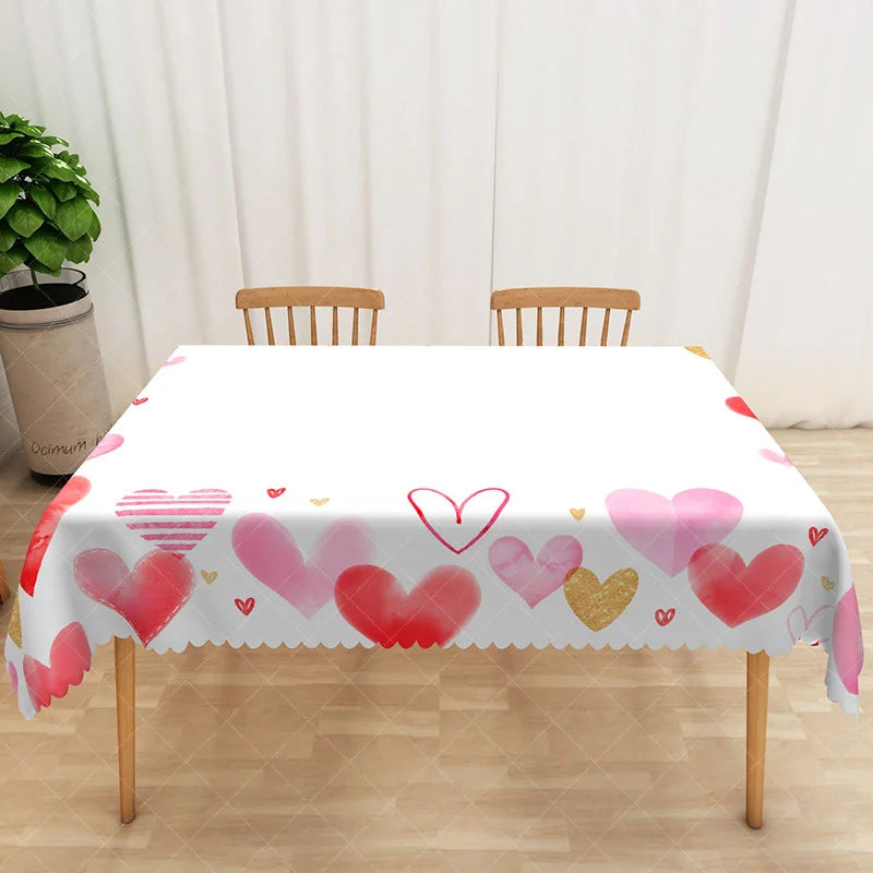 Aperturee - Aperturee Pink and Gold Heart Rectangle Tablecloth Watercolor Love Pattern Table Cover Valentine Day Galentine Decor