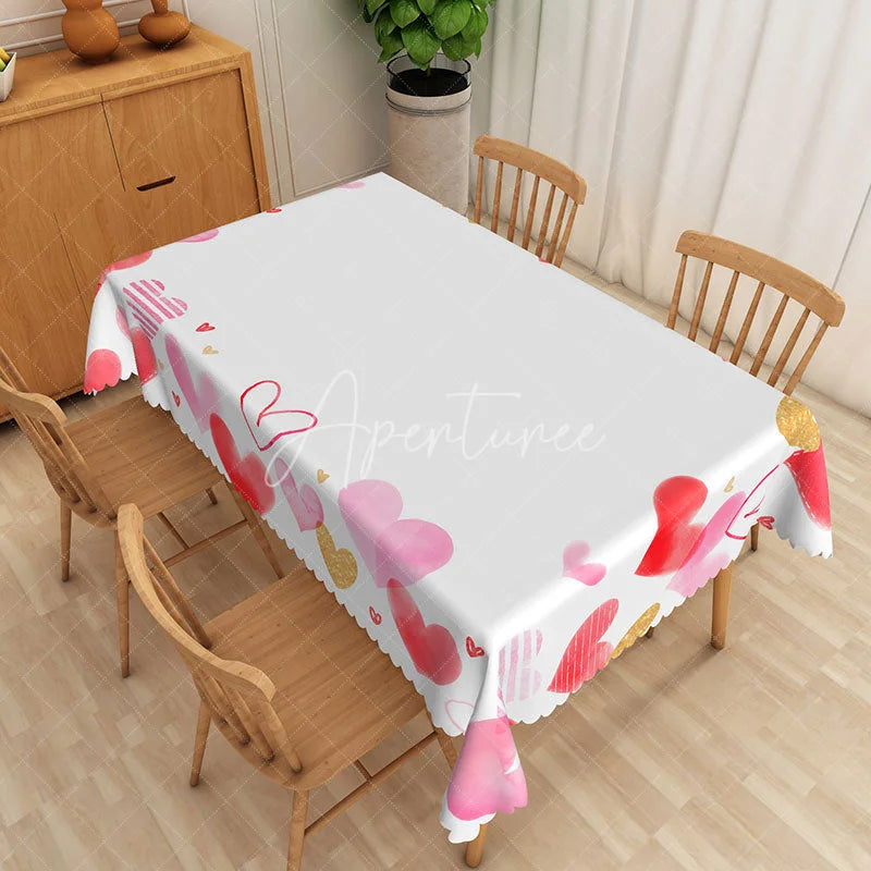 Aperturee - Aperturee Pink and Gold Heart Rectangle Tablecloth Watercolor Love Pattern Table Cover Valentine Day Galentine Decor