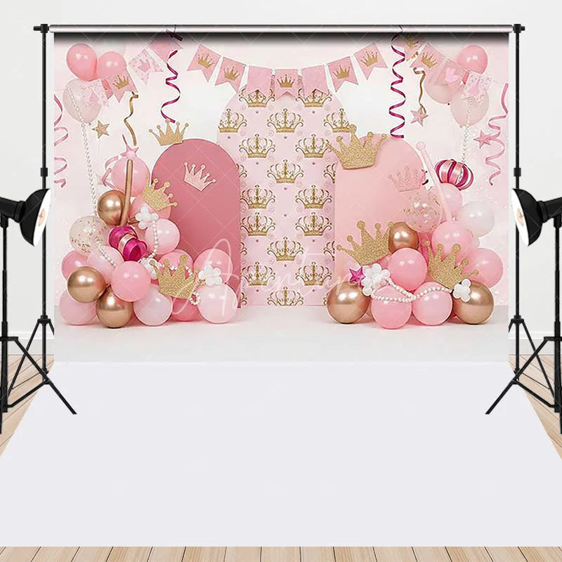 Aperturee - Aperturee Pink and Gold Princess Crown Combo Set Backdrop with Arches and Balloon Garlands perfect for Birthday Party Decor