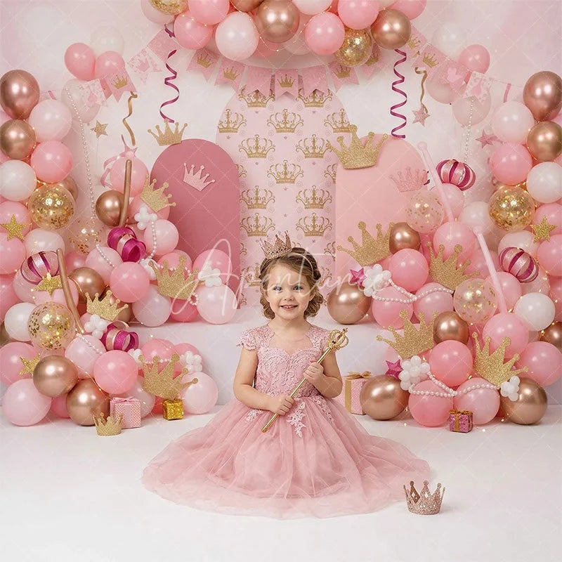 Aperturee - Aperturee Pink and Gold Princess Crown Combo Set Backdrop with Arches and Balloon Garlands perfect for Birthday Party Decor