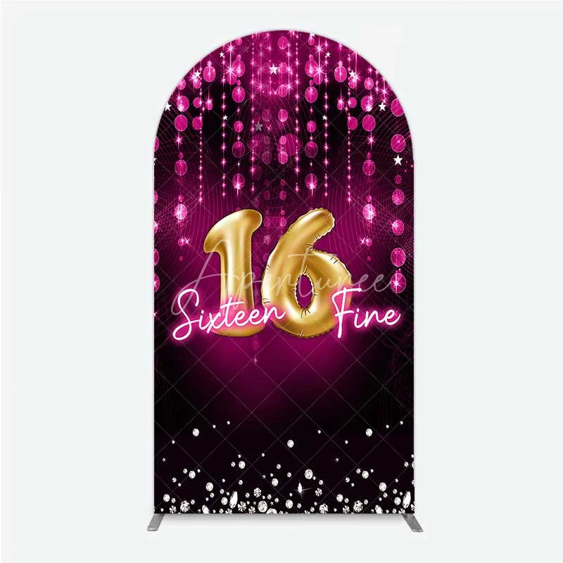 Aperturee - Aperturee Pink and Gold Sixteen Fine Arch Backdrop 16th Birthday Balloon and Sparkles Party Decoration