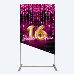 Aperturee - Aperturee Pink and Gold Sixteen Fine Rectangle Backdrop 16th Birthday Balloon and Sparkles Party Decoration