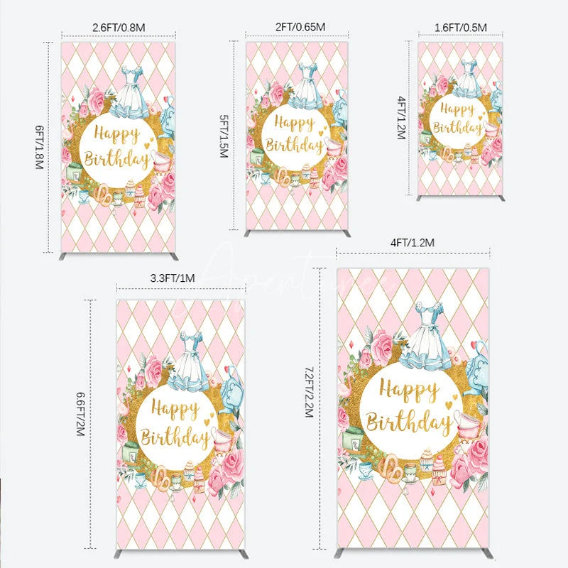 Aperturee - Aperturee Pink and Gold Whimsical Happy Birthday rectangle arch backdrop Fairytale Tea Party Decor