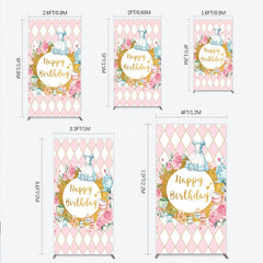 Aperturee - Aperturee Pink and Gold Whimsical Happy Birthday rectangle arch backdrop Fairytale Tea Party Decor