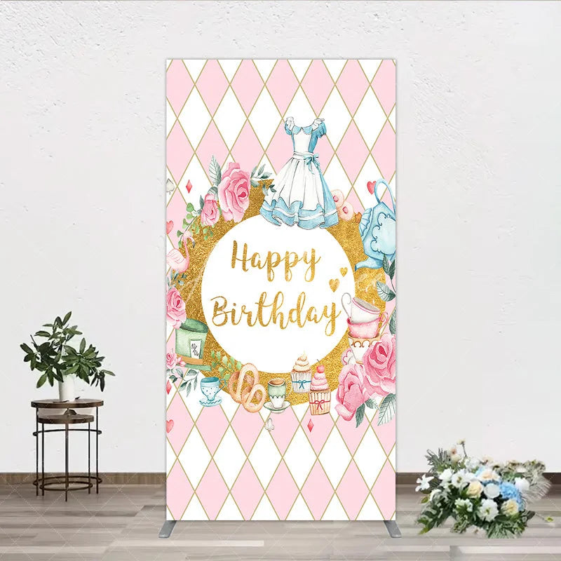 Aperturee - Aperturee Pink and Gold Whimsical Happy Birthday rectangle arch backdrop Fairytale Tea Party Decor