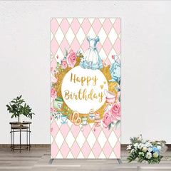 Aperturee - Aperturee Pink and Gold Whimsical Happy Birthday rectangle arch backdrop Fairytale Tea Party Decor