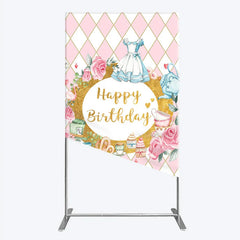 Aperturee - Aperturee Pink and Gold Whimsical Happy Birthday rectangle arch backdrop Fairytale Tea Party Decor