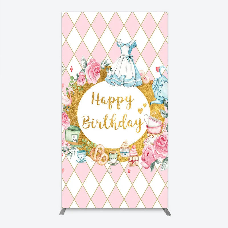 Aperturee - Aperturee Pink and Gold Whimsical Happy Birthday rectangle arch backdrop Fairytale Tea Party Decor