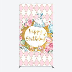 Aperturee - Aperturee Pink and Gold Whimsical Happy Birthday rectangle arch backdrop Fairytale Tea Party Decor