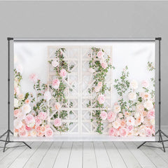Aperturee - Aperturee Pink and Peach Roses Floral Photography Backdrop with White Trellis Romantic Wedding and Bridal Shower Decor