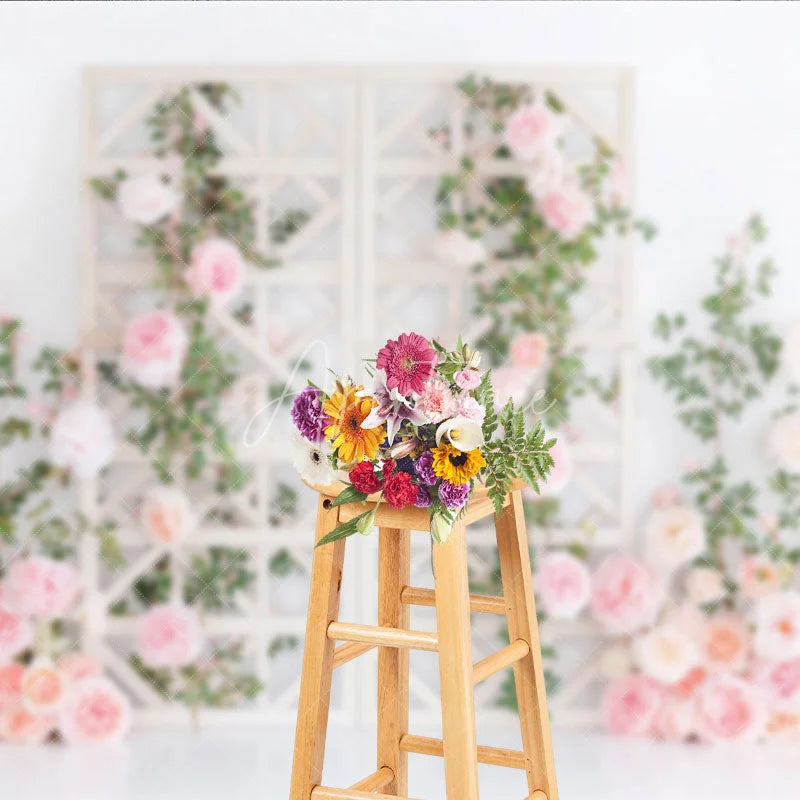 Aperturee - Aperturee Pink and Peach Roses Floral Photography Backdrop with White Trellis Romantic Wedding and Bridal Shower Decor