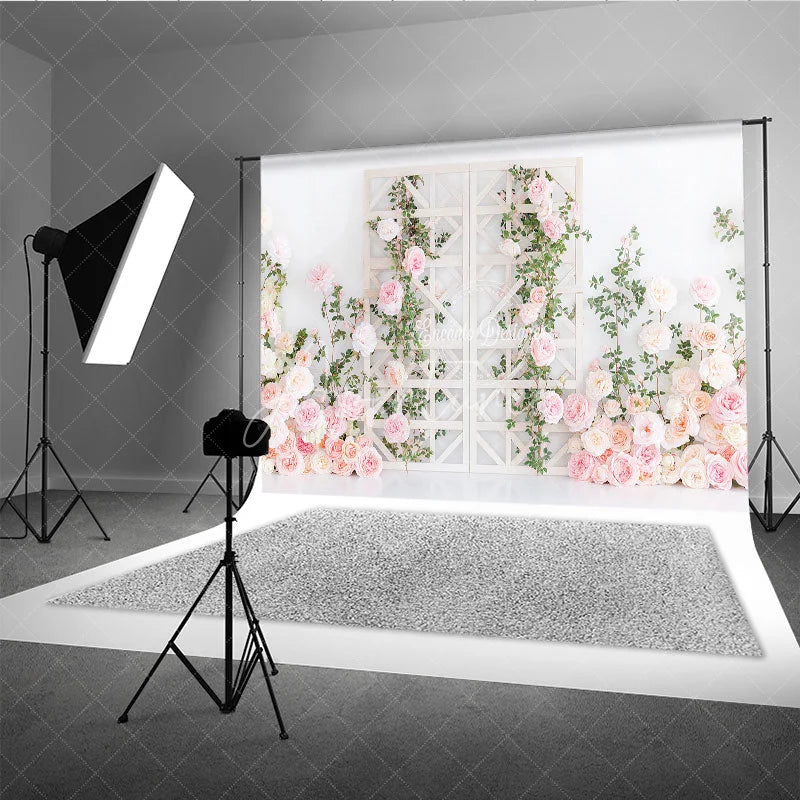 Aperturee - Aperturee Pink and Peach Roses Floral Photography Backdrop with White Trellis Romantic Wedding and Bridal Shower Decor