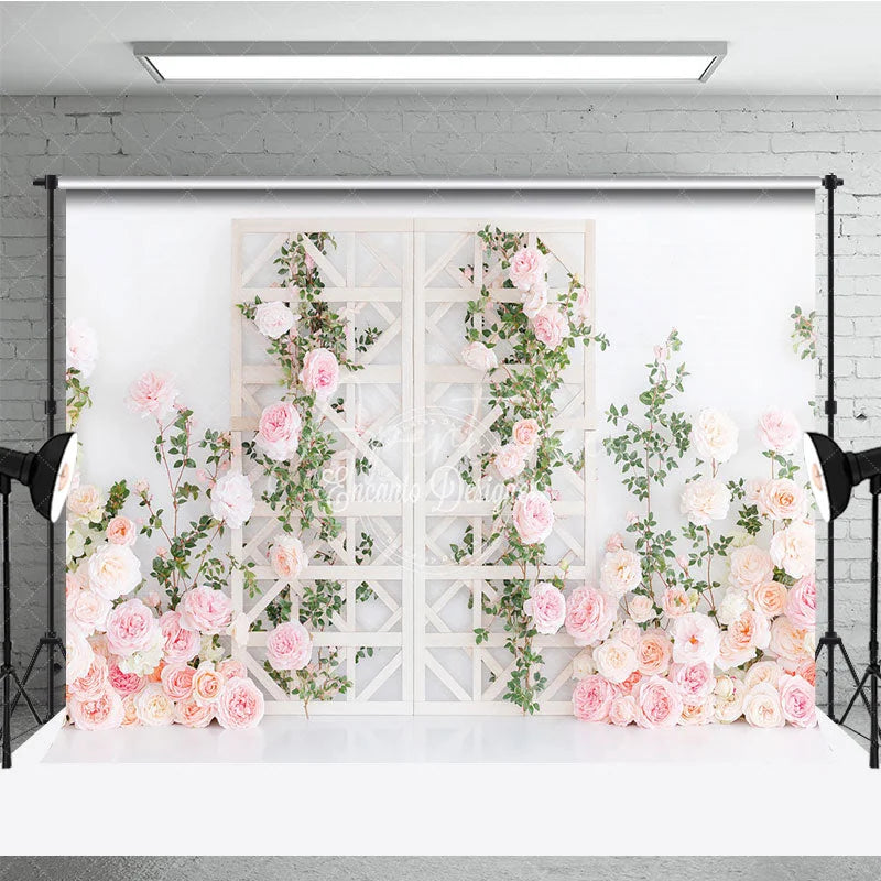 Aperturee - Aperturee Pink and Peach Roses Floral Photography Backdrop with White Trellis Romantic Wedding and Bridal Shower Decor