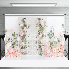 Aperturee - Aperturee Pink and Peach Roses Floral Photography Backdrop with White Trellis Romantic Wedding and Bridal Shower Decor