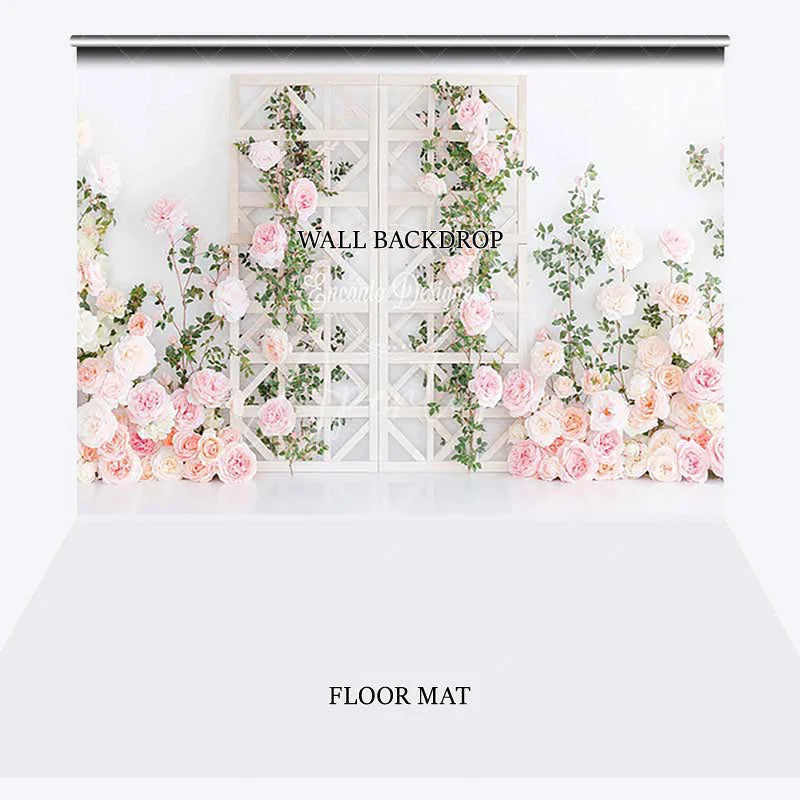 Aperturee - Aperturee Pink and Peach Roses White Trellis Floral Combo Set Backdrop Romantic Wedding Bridal Shower Decor