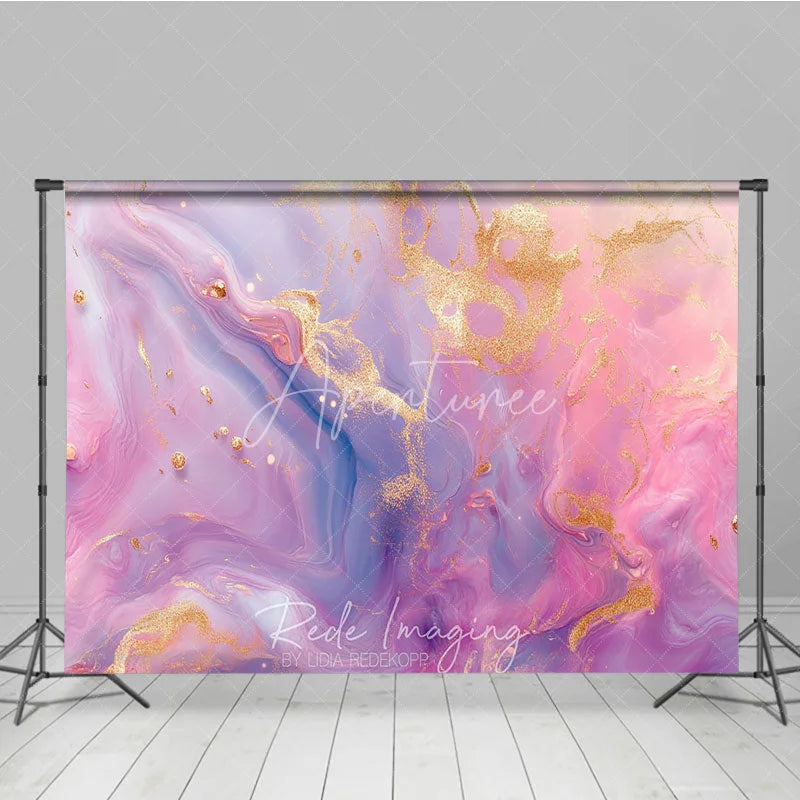 Aperturee - Aperturee Pink and Purple Marble Photography Backdrop Elegant Gold Glitter Texture for Party Decor