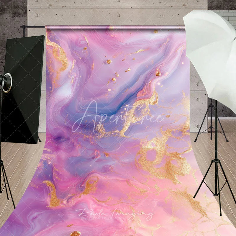 Aperturee - Aperturee Pink and Purple Marble with Gold Foil Sweep Backdrop Elegant Abstract Party Decor