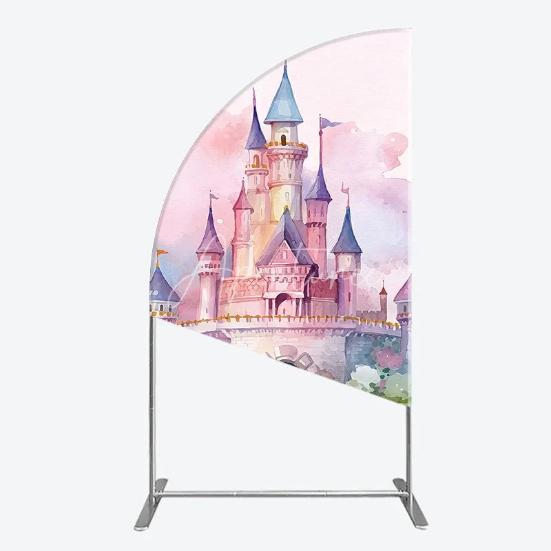 Aperturee - Aperturee Pink and Purple Watercolor Fairytale Castle Half Moon Arch Backdrop Dreamy Princess Birthday Party Decor.