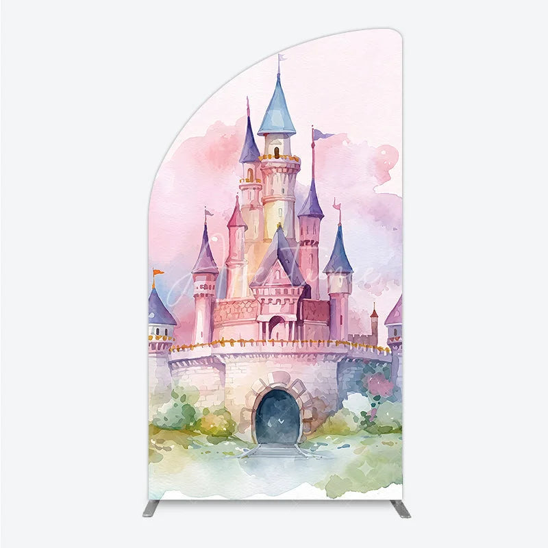 Aperturee - Aperturee Pink and Purple Watercolor Fairytale Castle Half Moon Arch Backdrop Dreamy Princess Birthday Party Decor.