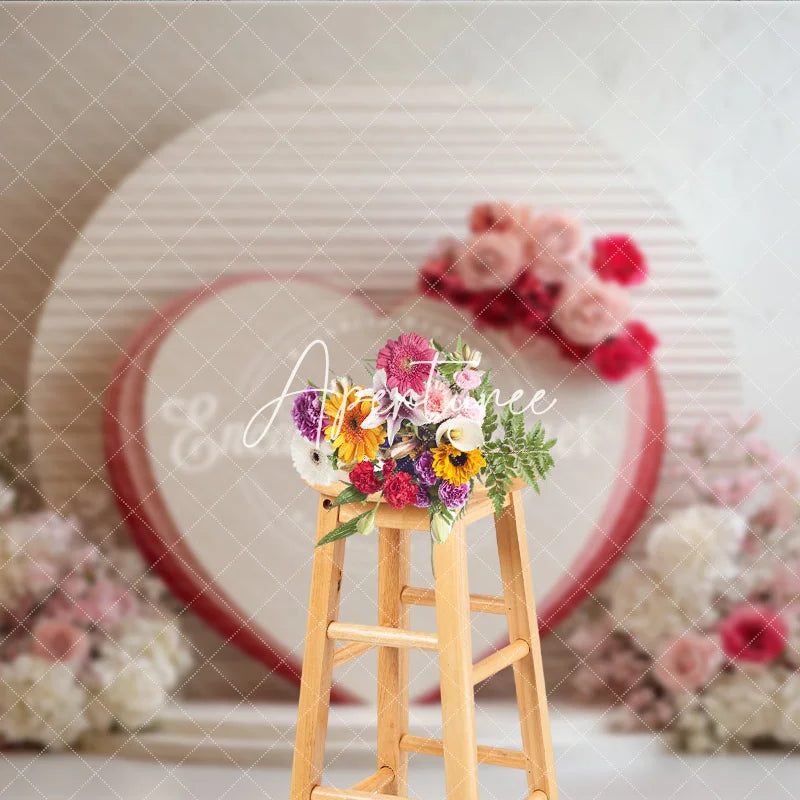 Aperturee - Aperturee Pink and Red Floral Heart Photography Backdrop Romantic Wedding Valentine’s Day Decor