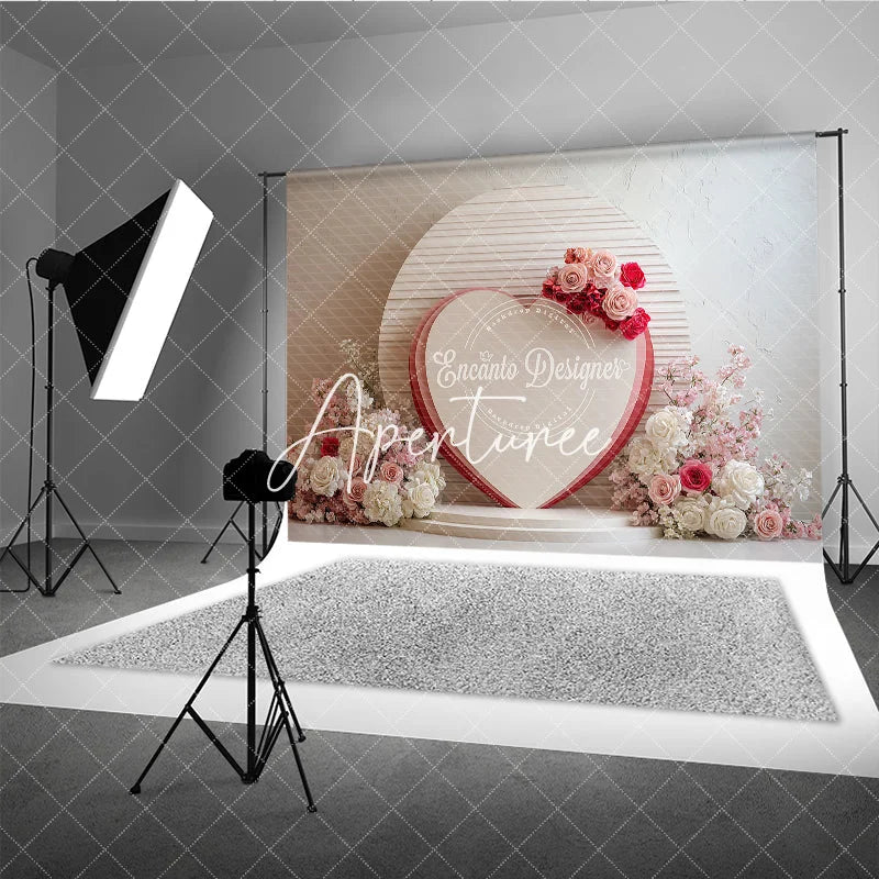 Aperturee - Aperturee Pink and Red Floral Heart Photography Backdrop Romantic Wedding Valentine’s Day Decor