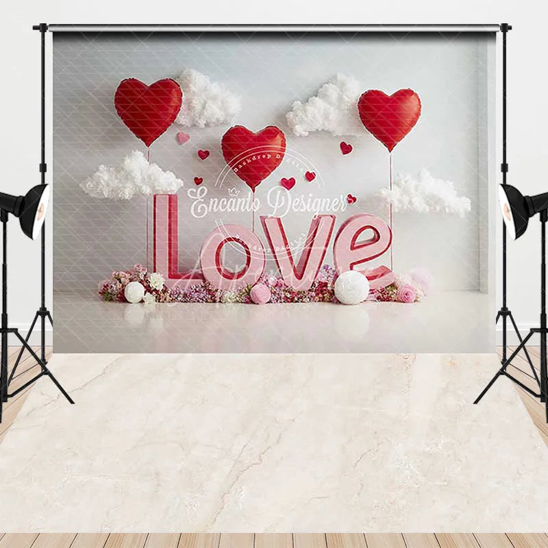 Aperturee - Aperturee Pink and Red Love Letters Combo Set Backdrop with Heart Balloons and Clouds Romantic Valentine’s Day Decor
