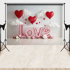 Aperturee - Aperturee Pink and Red Love Letters Combo Set Backdrop with Heart Balloons and Clouds Romantic Valentine’s Day Decor