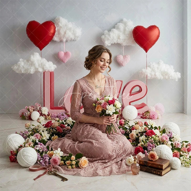 Aperturee - Aperturee Pink and Red Love Letters Combo Set Backdrop with Heart Balloons and Clouds Romantic Valentine’s Day Decor