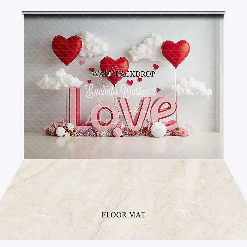 Aperturee - Aperturee Pink and Red Love Letters Combo Set Backdrop with Heart Balloons and Clouds Romantic Valentine’s Day Decor