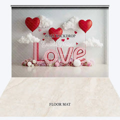 Aperturee - Aperturee Pink and Red Love Letters Combo Set Backdrop with Heart Balloons and Clouds Romantic Valentine’s Day Decor