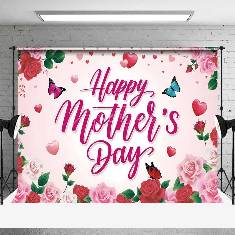 Aperturee - Aperturee Pink and Red Roses Happy Mothers Day Backdrop Floral Butterflies and Hearts Party Background Sweet Love Celebration