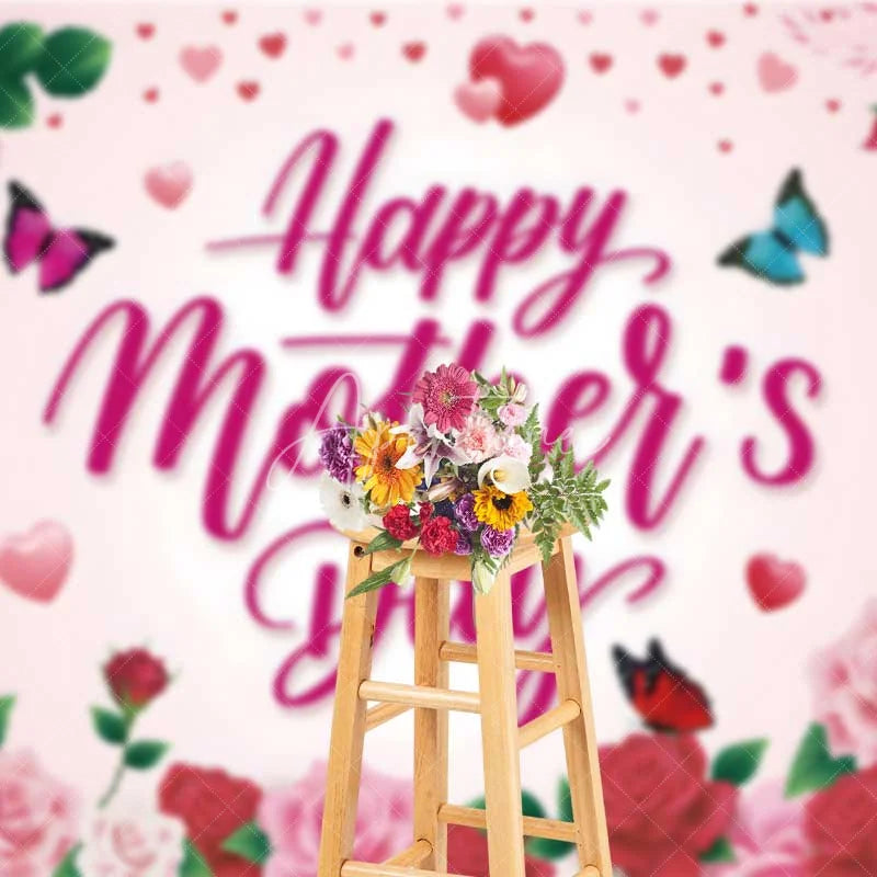 Aperturee - Aperturee Pink and Red Roses Happy Mothers Day Backdrop Floral Butterflies and Hearts Party Background Sweet Love Celebration