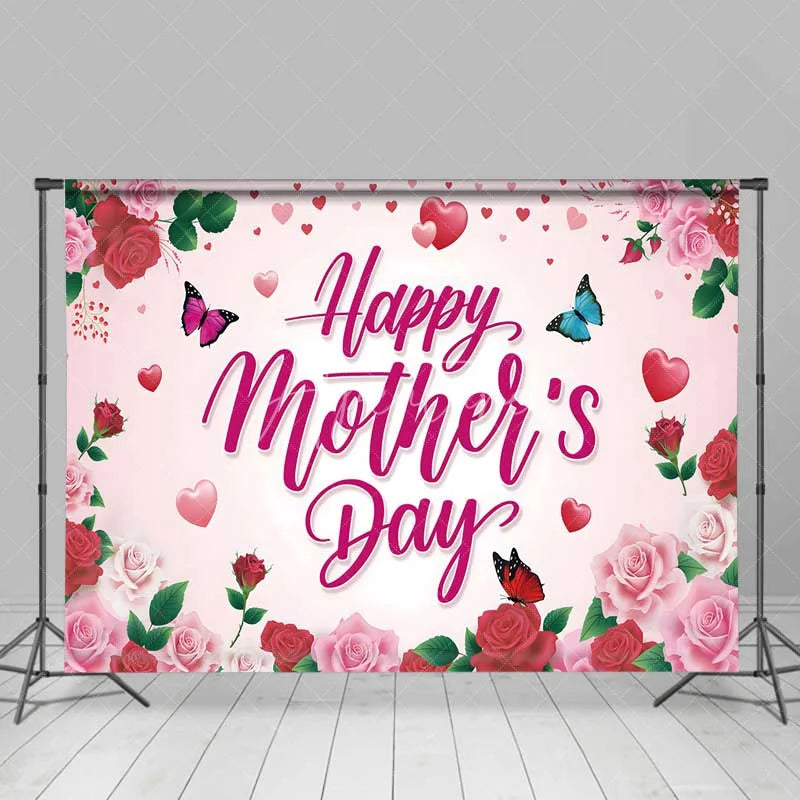 Aperturee - Aperturee Pink and Red Roses Happy Mothers Day Backdrop Floral Butterflies and Hearts Party Background Sweet Love Celebration